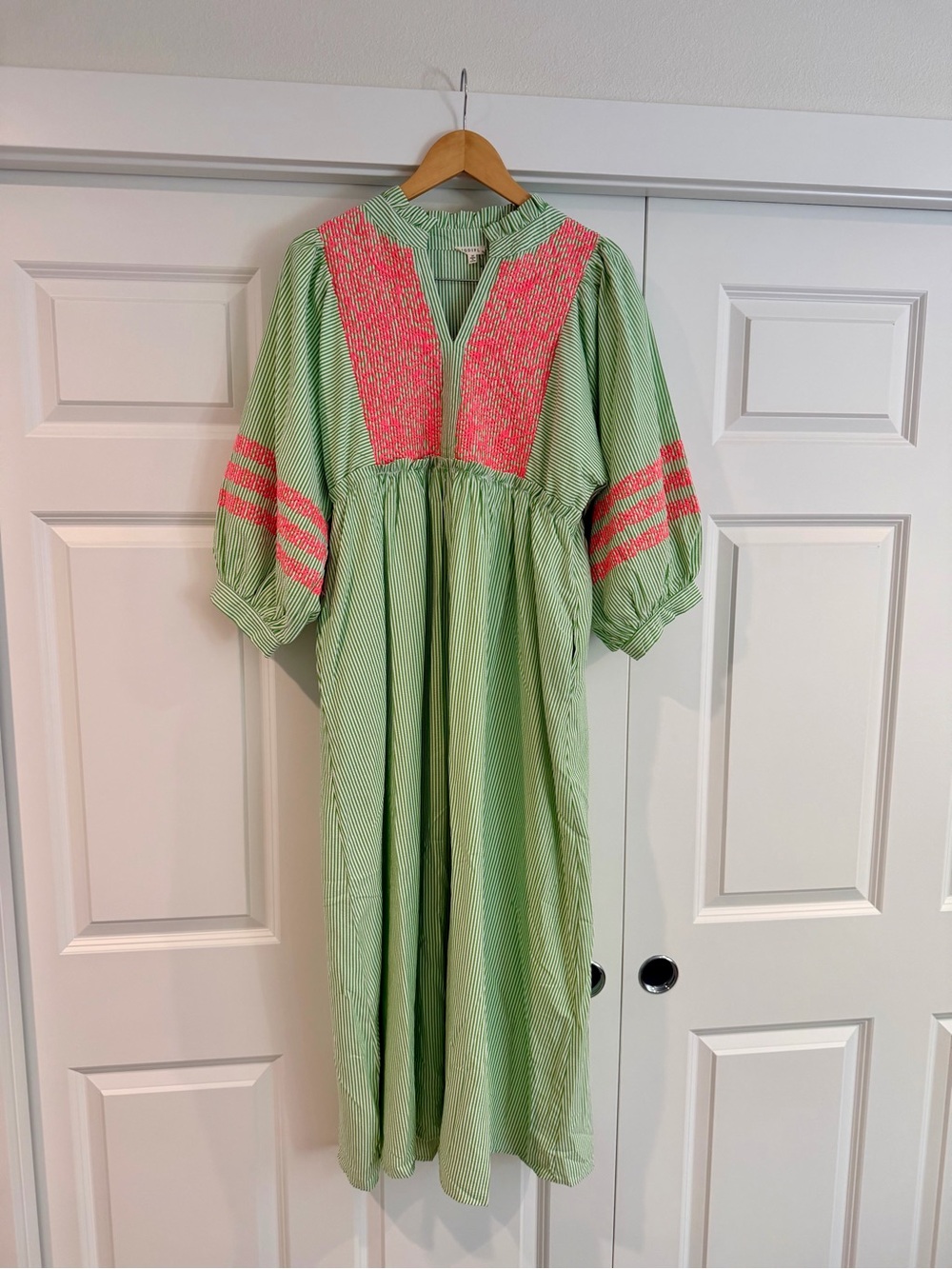 JODIFL Light Green Maxi Dress with Pink Embroidery
